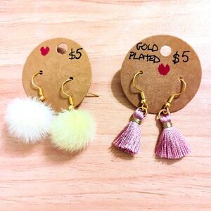 2 NEW Fun Earrings Pink Tassels & Cream Fuzzy Balls Gold Plated Hypoallergenic